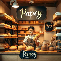 A vibrant profile picture for a bakery called "Papoy", featuring an inviting and cozy scene in a small charming bakery