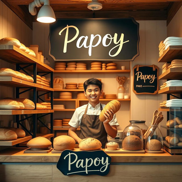 A vibrant profile picture for a bakery called "Papoy", featuring an inviting and cozy scene in a small charming bakery