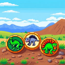 A collection of pixel art coins designed with dinosaur motifs, each coin showcasing a different type of dinosaur such as a T-Rex, Triceratops, and Velociraptor, all in a classic 8-bit style