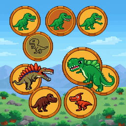 A collection of pixel art coins designed with dinosaur motifs, each coin showcasing a different type of dinosaur such as a T-Rex, Triceratops, and Velociraptor, all in a classic 8-bit style