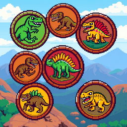 A collection of pixel art coins designed with dinosaur motifs, each coin showcasing a different type of dinosaur such as a T-Rex, Triceratops, and Velociraptor, all in a classic 8-bit style
