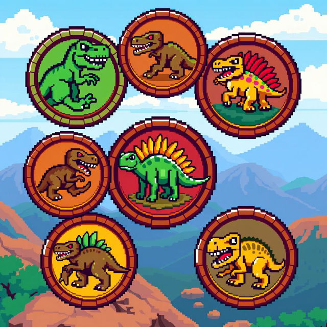 A collection of pixel art coins designed with dinosaur motifs, each coin showcasing a different type of dinosaur such as a T-Rex, Triceratops, and Velociraptor, all in a classic 8-bit style
