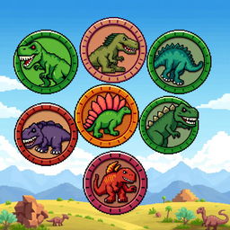 A collection of pixel art coins designed with dinosaur motifs, each coin showcasing a different type of dinosaur such as a T-Rex, Triceratops, and Velociraptor, all in a classic 8-bit style