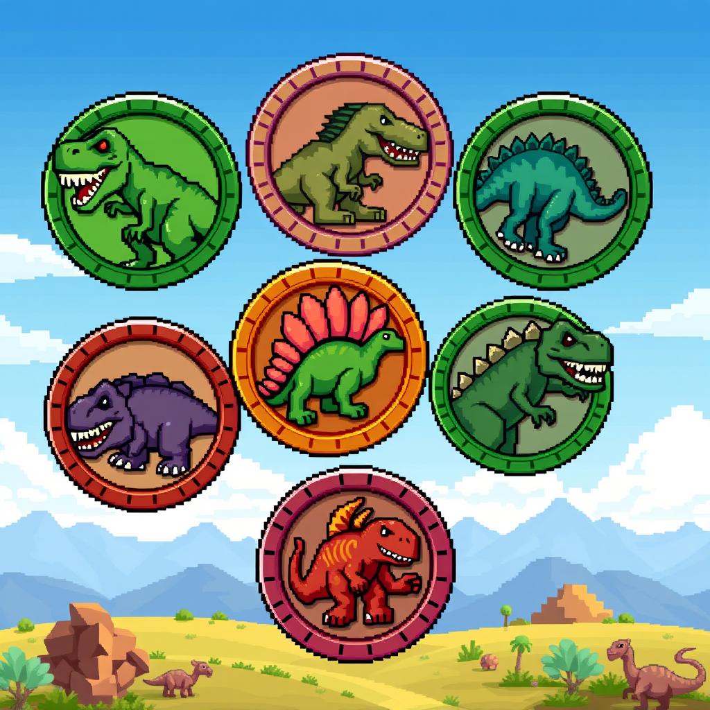 A collection of pixel art coins designed with dinosaur motifs, each coin showcasing a different type of dinosaur such as a T-Rex, Triceratops, and Velociraptor, all in a classic 8-bit style