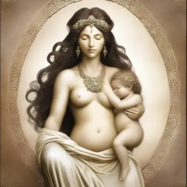In the ancient myth, the goddess of fertility was portrayed as an adoptive parent to a demigod, nurturing and raising them as her own.