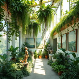 A vibrant poetry and painting gallery overflowing with lush greenery and plants, designed to reflect the deep connection with nature inspired by Sohrab Sepehri