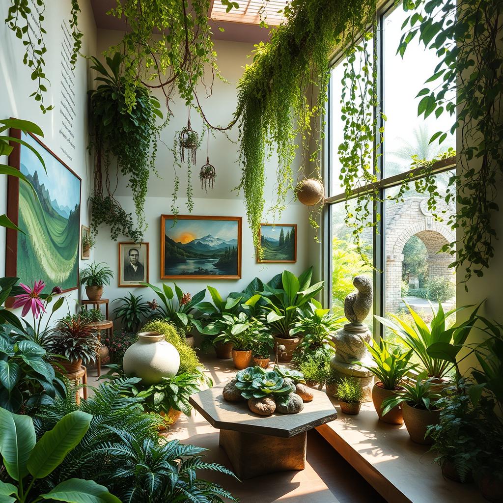 A vibrant poetry and painting gallery overflowing with lush greenery and plants, designed to reflect the deep connection with nature inspired by Sohrab Sepehri