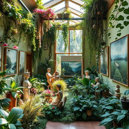 A vibrant poetry and painting gallery overflowing with lush greenery and plants, designed to reflect the deep connection with nature inspired by Sohrab Sepehri