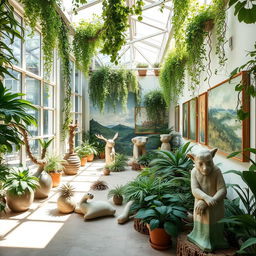 A vibrant poetry and painting gallery overflowing with lush greenery and plants, designed to reflect the deep connection with nature inspired by Sohrab Sepehri