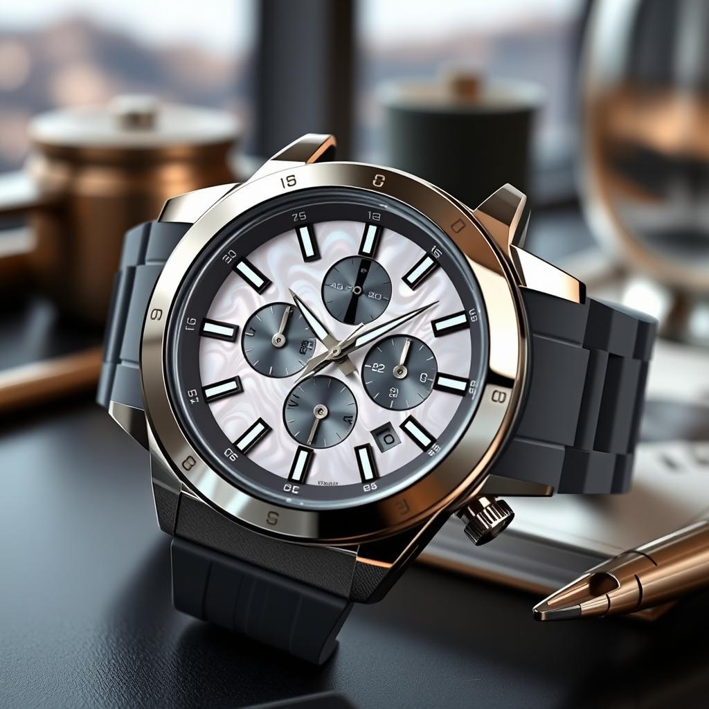 A luxurious mother of pearl sports watch with a sleek design, featuring a polished stainless steel case and an intricately detailed dial that glistens with iridescent hues of white, pink, and blue