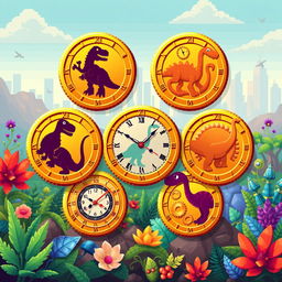 A set of pixel art coins themed around dinosaurs and time travel, each coin uniquely designed with different dinosaur silhouettes, such as a T-Rex, Stegosaurus, and Brachiosaurus, incorporating elements like clocks and gears into their designs