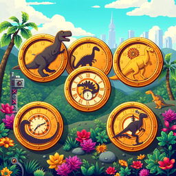 A set of pixel art coins themed around dinosaurs and time travel, each coin uniquely designed with different dinosaur silhouettes, such as a T-Rex, Stegosaurus, and Brachiosaurus, incorporating elements like clocks and gears into their designs