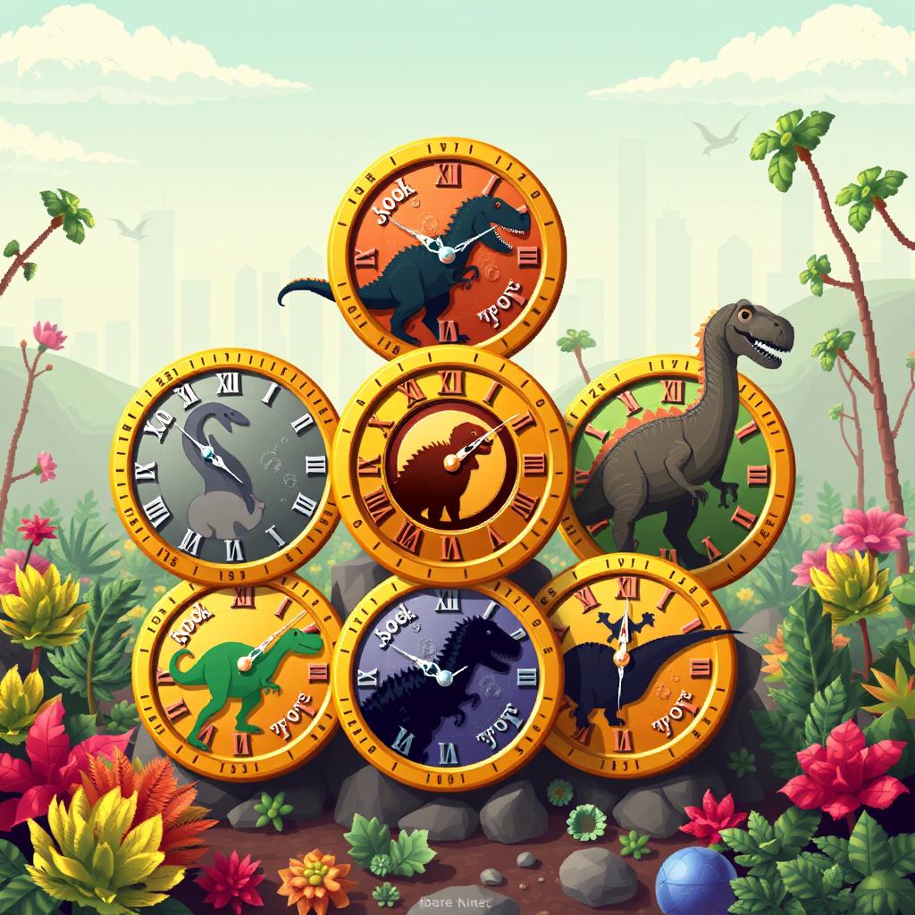 A set of pixel art coins themed around dinosaurs and time travel, each coin uniquely designed with different dinosaur silhouettes, such as a T-Rex, Stegosaurus, and Brachiosaurus, incorporating elements like clocks and gears into their designs