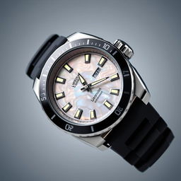 An elegant sporty watch with a mother of pearl dial, featuring luminous hands and markers, and a polished stainless steel case