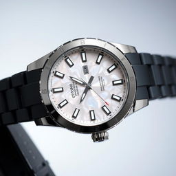 An elegant sporty watch with a mother of pearl dial, featuring luminous hands and markers, and a polished stainless steel case