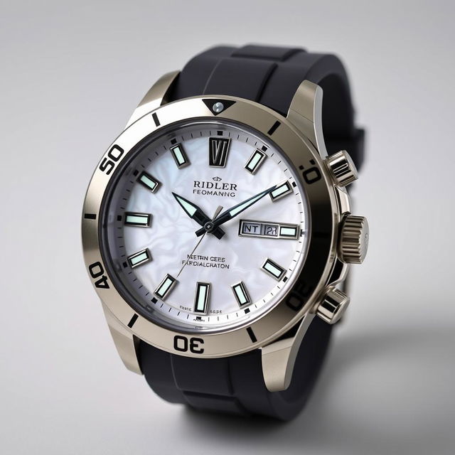 An elegant sporty watch with a mother of pearl dial, featuring luminous hands and markers, and a polished stainless steel case