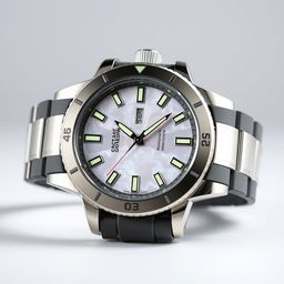 An elegant sporty watch with a mother of pearl dial, featuring luminous hands and markers, and a polished stainless steel case