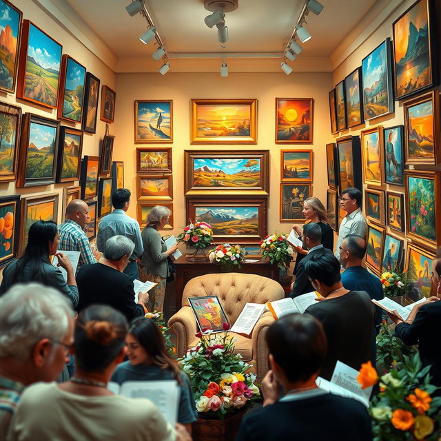 A cozy and inviting poetry and painting gallery, filled with beautiful, colorful artworks displayed on the walls