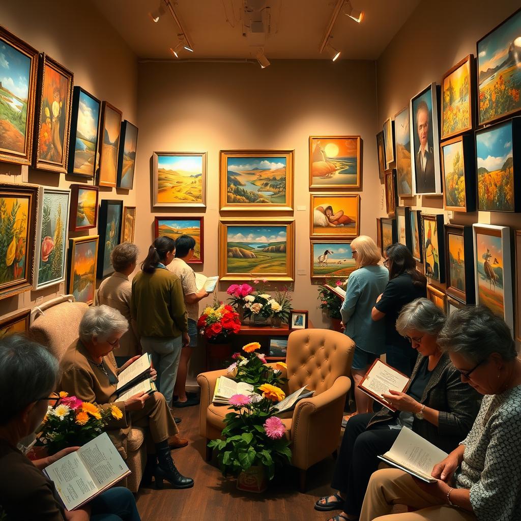 A cozy and inviting poetry and painting gallery, filled with beautiful, colorful artworks displayed on the walls