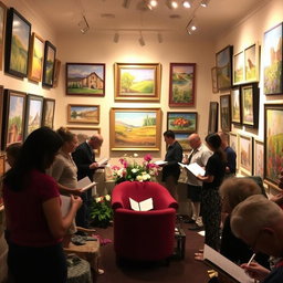 A cozy and inviting poetry and painting gallery, filled with beautiful, colorful artworks displayed on the walls
