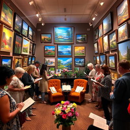 A cozy and inviting poetry and painting gallery, filled with beautiful, colorful artworks displayed on the walls