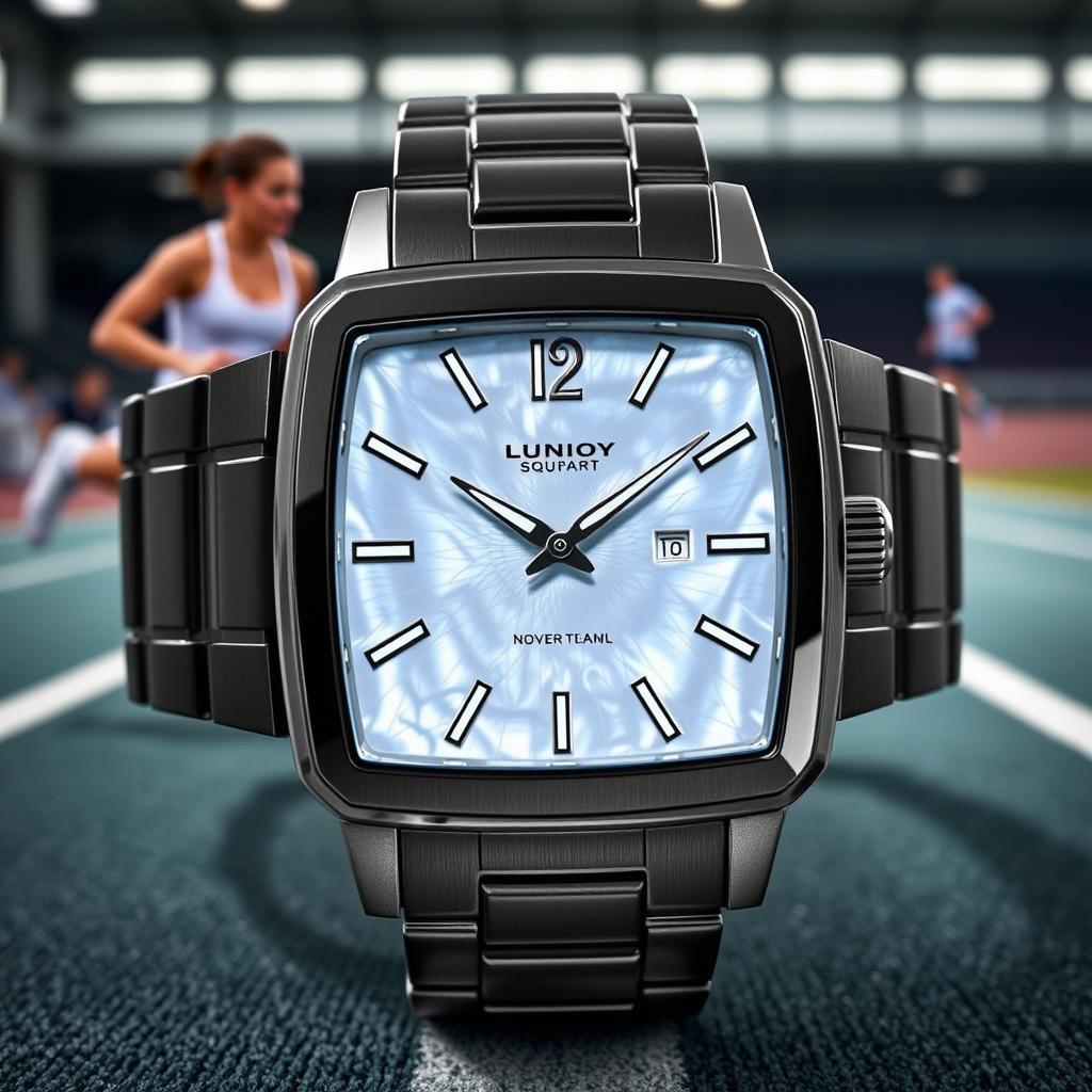 A luxurious square sports watch featuring a mother of pearl dial, showcasing the iridescent sheen of the pearl
