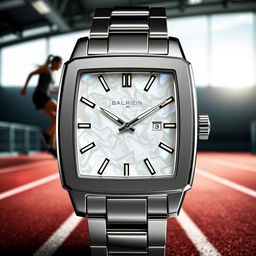 A luxurious square sports watch featuring a mother of pearl dial, showcasing the iridescent sheen of the pearl