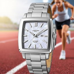 A luxurious square sports watch featuring a mother of pearl dial, showcasing the iridescent sheen of the pearl