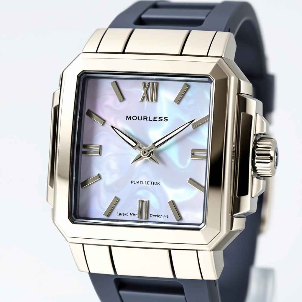 A luxurious square sports watch featuring a mother of pearl dial