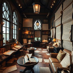 An enchanting poetry gallery filled with elegant, handwritten verses beautifully displayed on parchment