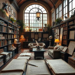 An enchanting poetry gallery filled with elegant, handwritten verses beautifully displayed on parchment