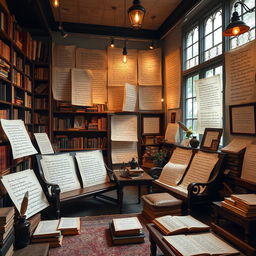 An enchanting poetry gallery filled with elegant, handwritten verses beautifully displayed on parchment