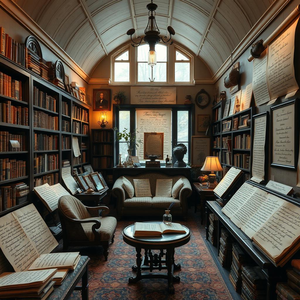 An enchanting poetry gallery filled with elegant, handwritten verses beautifully displayed on parchment