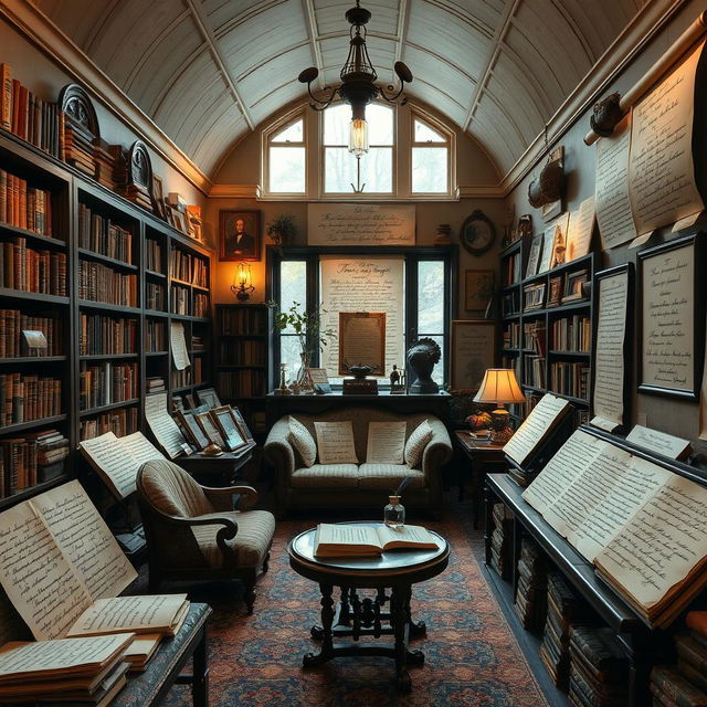 An enchanting poetry gallery filled with elegant, handwritten verses beautifully displayed on parchment