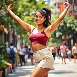 A young Indian woman with long hair styled into a ponytail, wearing a trendy short skirt that showcases her fashion sense and legs