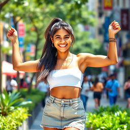 A young Indian woman with long hair styled into a ponytail, wearing a trendy short skirt that showcases her fashion sense and legs