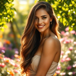 A beautiful woman with long, flowing hair, radiant skin, and an enchanting smile