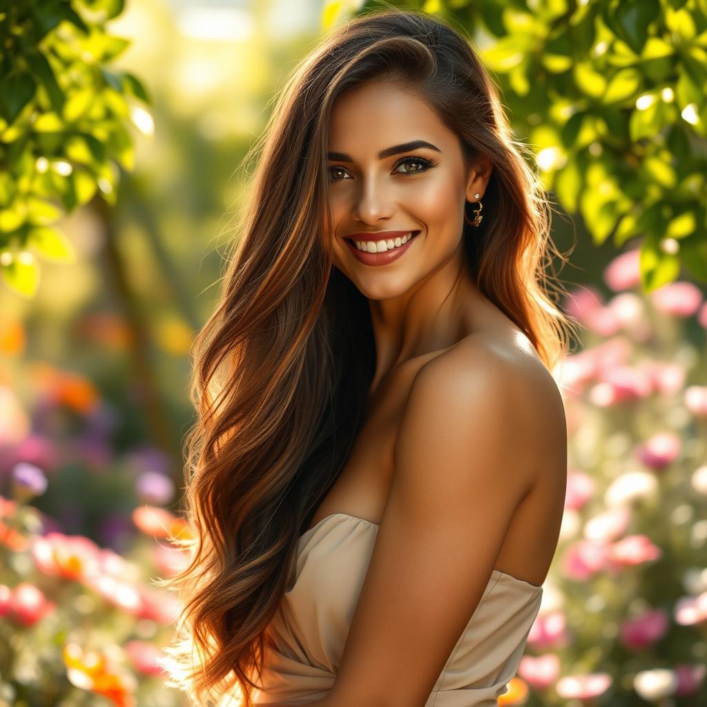 A beautiful woman with long, flowing hair, radiant skin, and an enchanting smile