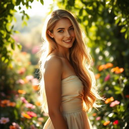 A beautiful woman with long, flowing hair, radiant skin, and an enchanting smile