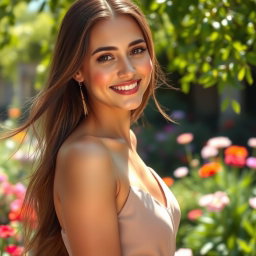 A beautiful woman with long, flowing hair, radiant skin, and an enchanting smile