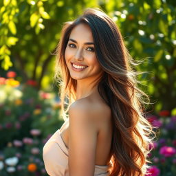 A beautiful woman with long, flowing hair, radiant skin, and an enchanting smile
