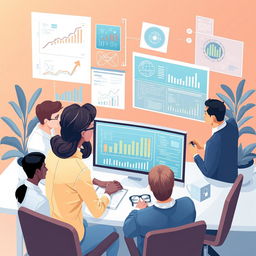 A conceptual illustration of system analysis in a computer environment, showcasing a diverse group of professionals collaborating around a digital interface