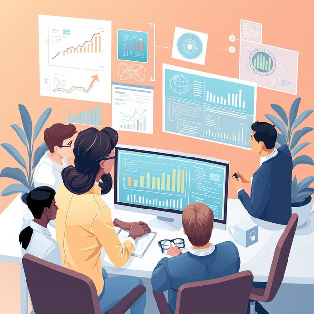 A conceptual illustration of system analysis in a computer environment, showcasing a diverse group of professionals collaborating around a digital interface