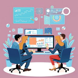 A conceptual illustration of system analysis in a computer environment, showcasing a diverse group of professionals collaborating around a digital interface