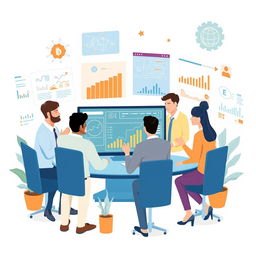 A conceptual illustration of system analysis in a computer environment, showcasing a diverse group of professionals collaborating around a digital interface