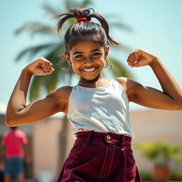 A dusky Indian girl with a cheerful expression, wearing a stylish short skirt that complements her figure