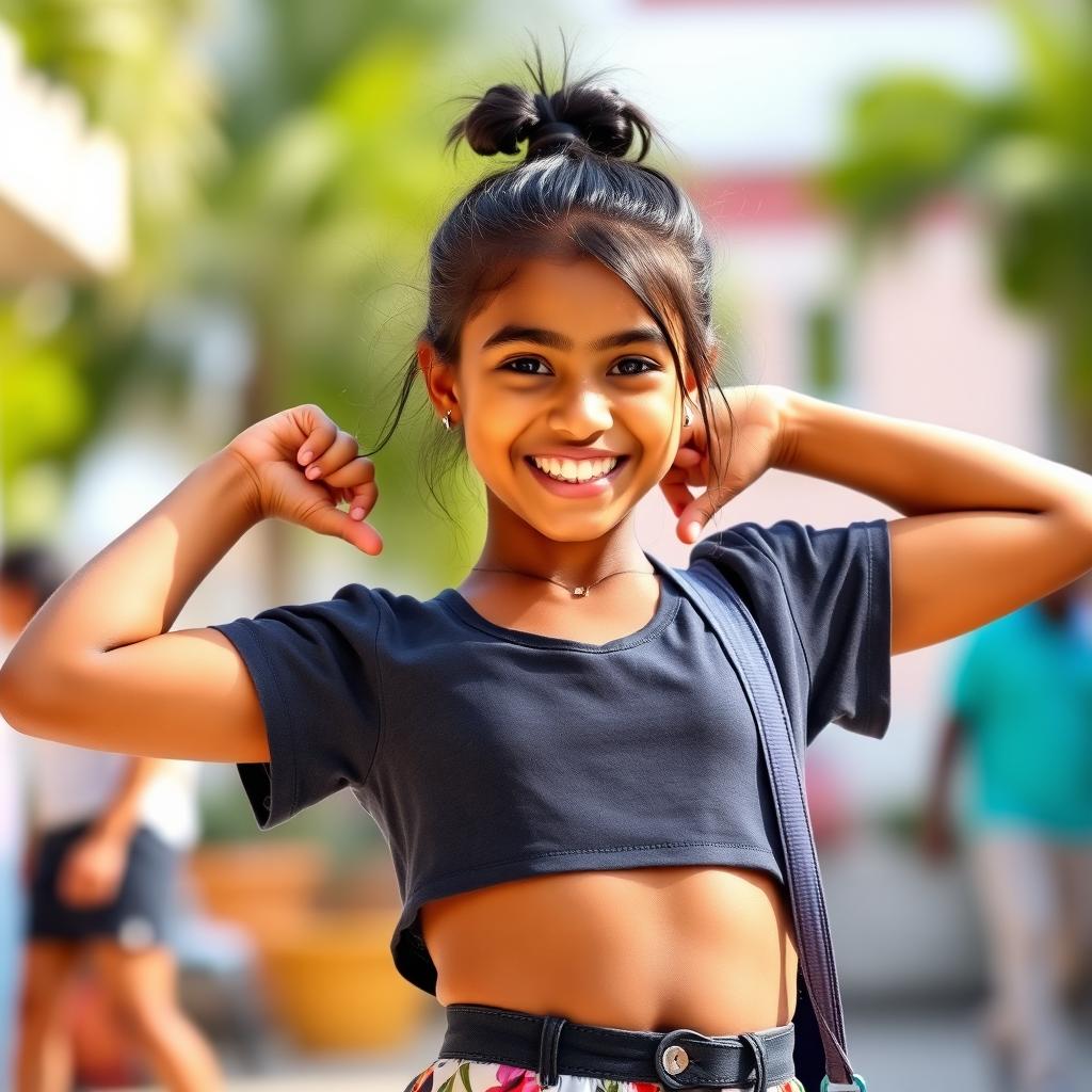 A dusky Indian girl with a cheerful expression, wearing a stylish short skirt that complements her figure