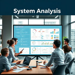 A visually engaging representation of system analysis in software development, featuring a diverse group of professionals collaborating around a large digital screen displaying flowcharts, diagrams, and data analytics
