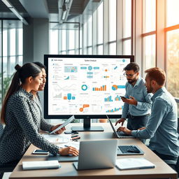 A visually engaging representation of system analysis in software development, featuring a diverse group of professionals collaborating around a large digital screen displaying flowcharts, diagrams, and data analytics