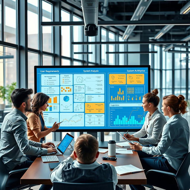 A visually engaging representation of system analysis in software development, featuring a diverse group of professionals collaborating around a large digital screen displaying flowcharts, diagrams, and data analytics